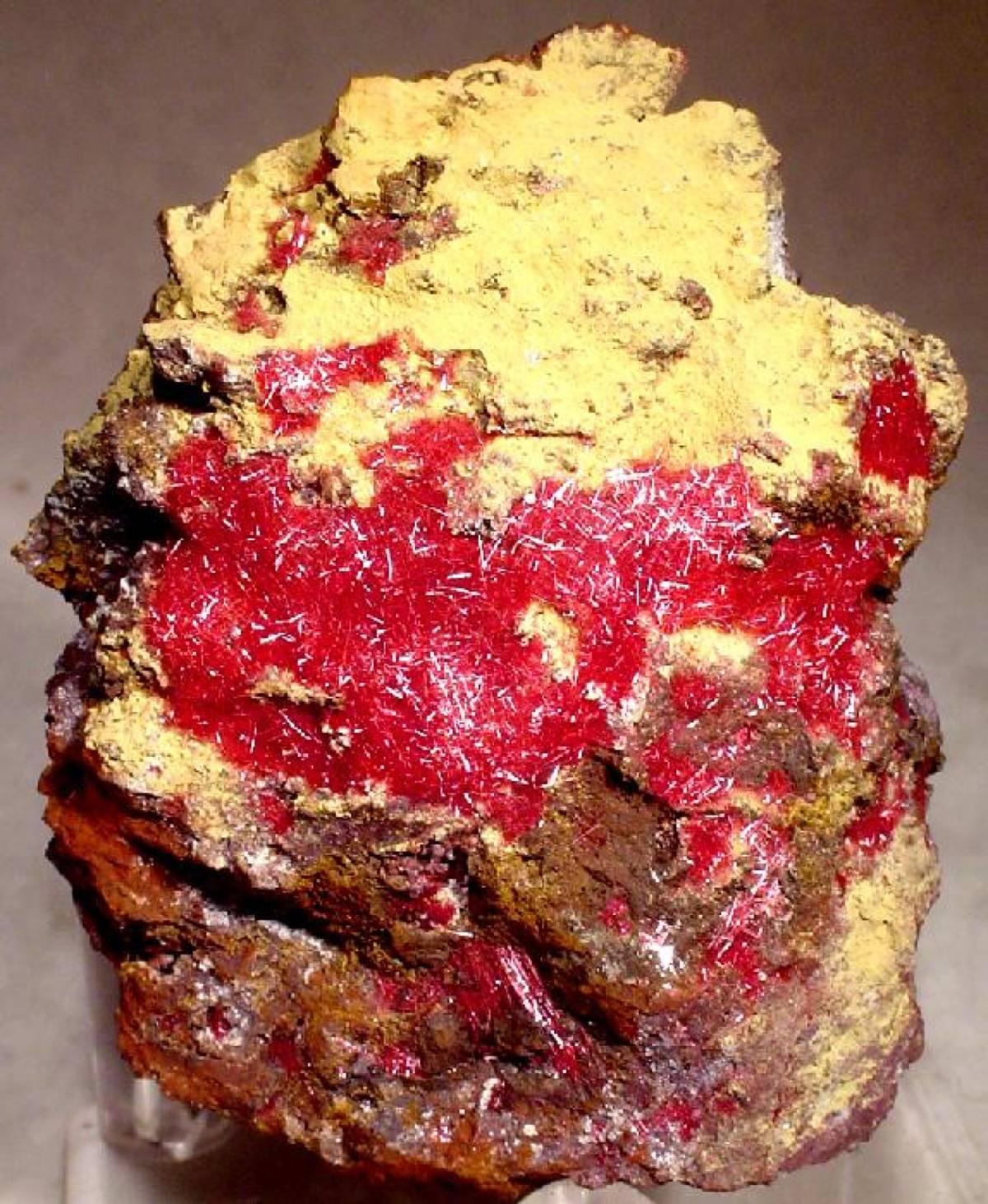 Cochineal-red chalcotrichite, the fibrous "ruby copper" variety, Bisbee, Arizona