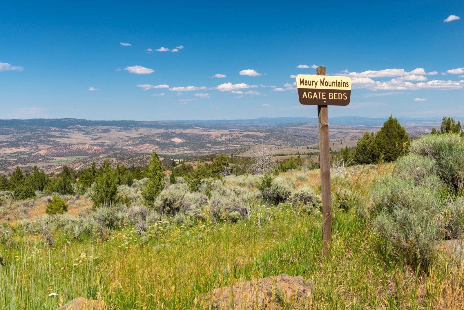Maury Mountains Agate Beds sign at the moss agate collecting area, Ochoco National Forest, Crook County, Oregon