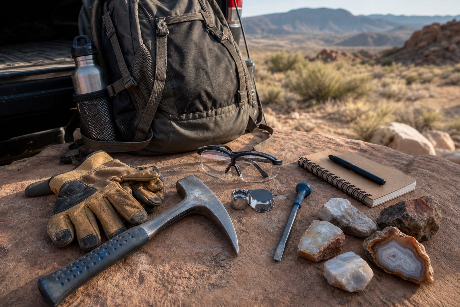 Beginner rockhounding field kit with rock pick, safety glasses, gloves, loupe, map, and pack