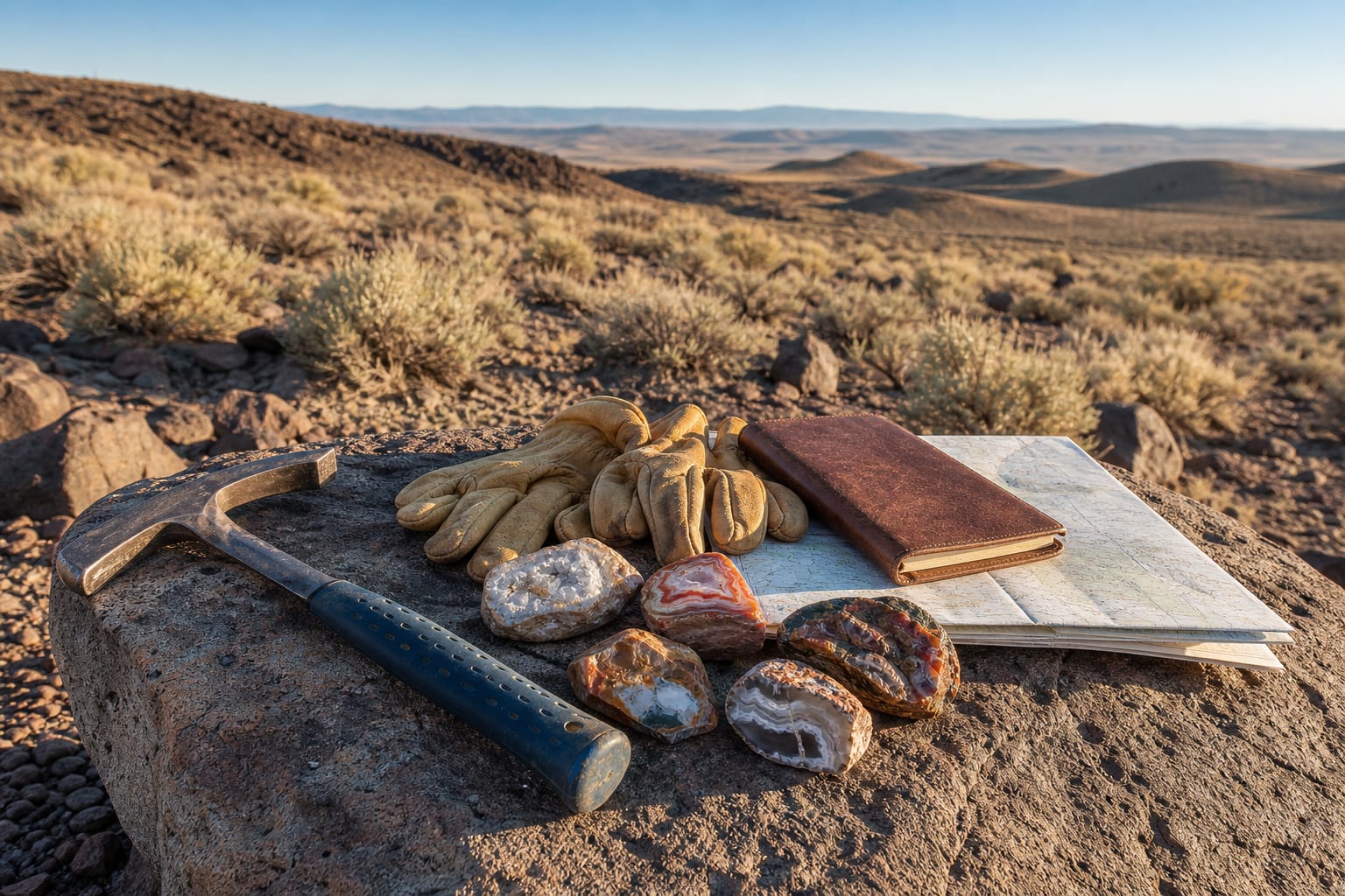 Rockhound tools and jasper samples on open desert public land