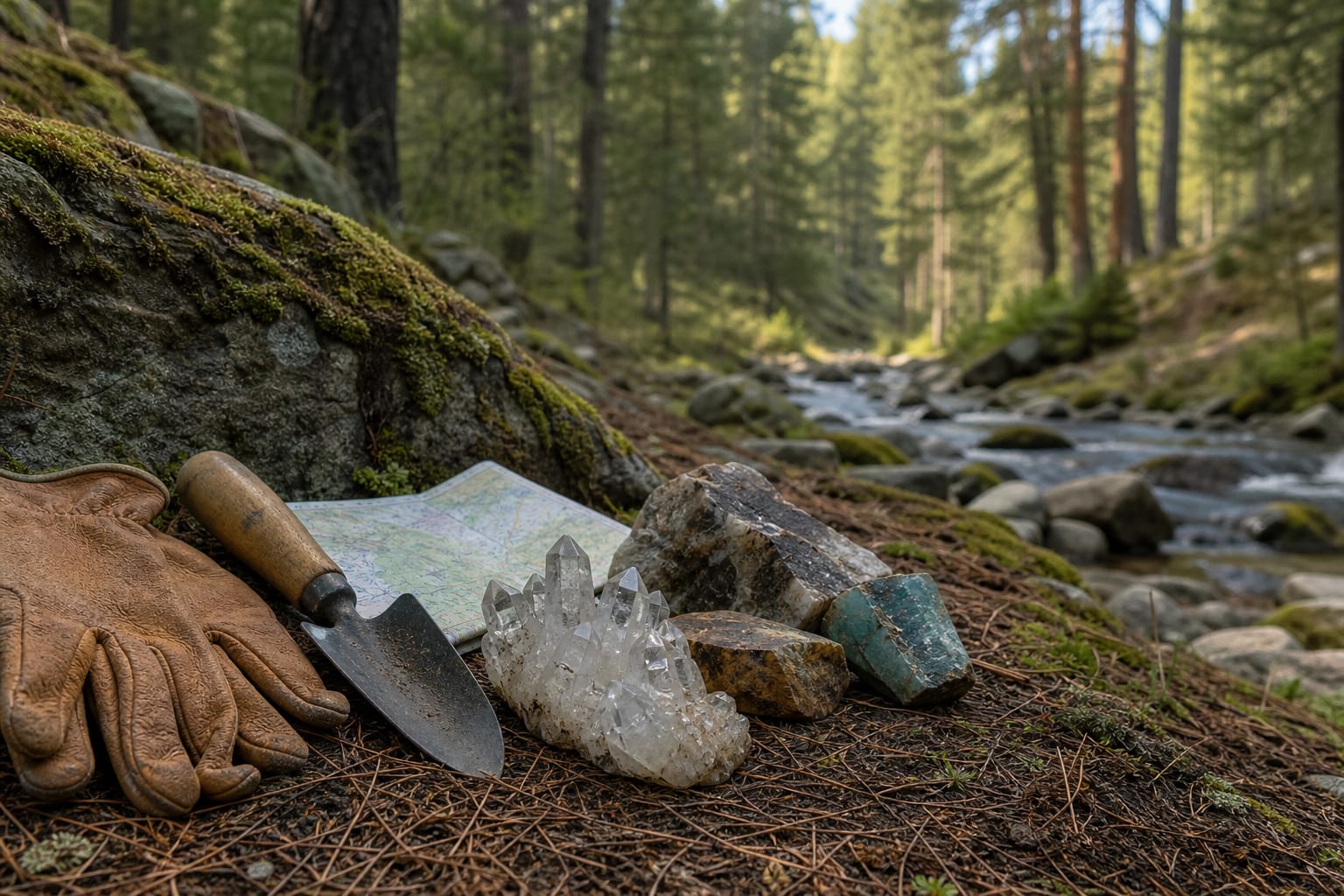 Quartz crystals and hand tools on a forest floor near a mountain creek