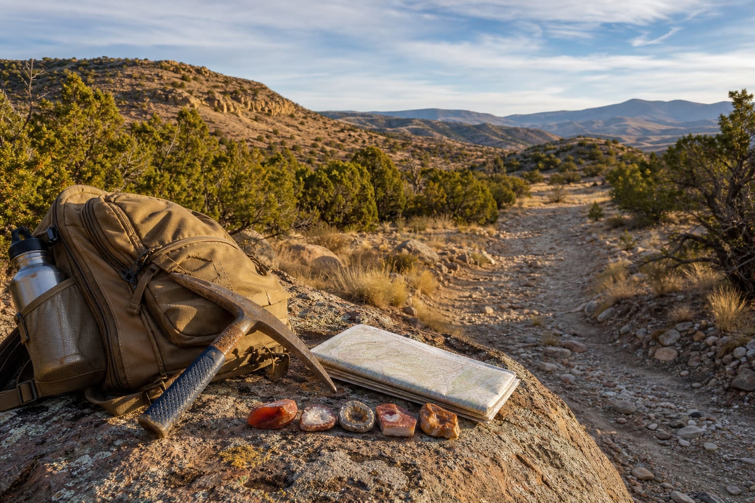 Rockhound day pack, hand tools, and collected agates on an open public-land trail