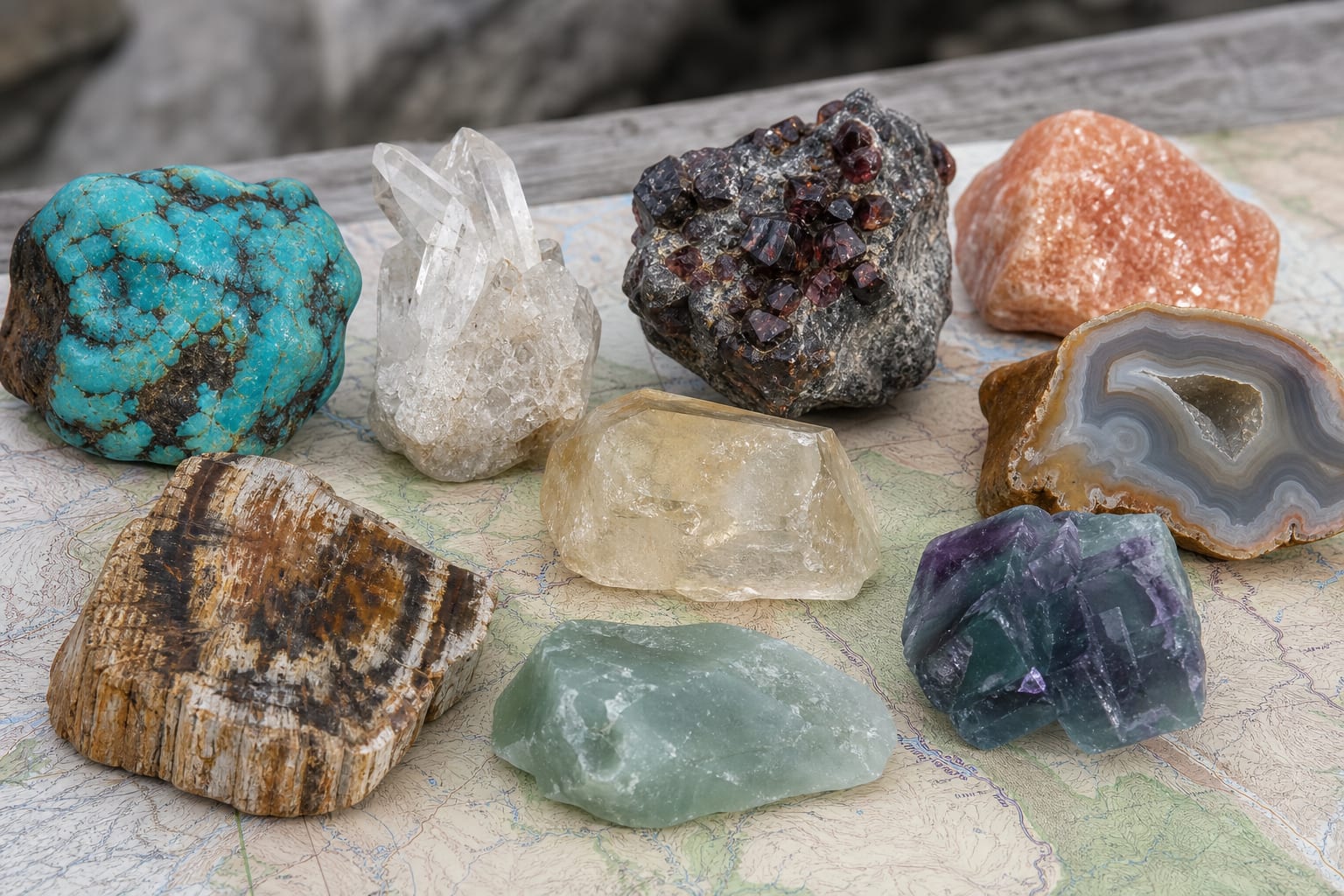 Assorted U.S. state gemstone specimens arranged on a neutral field table