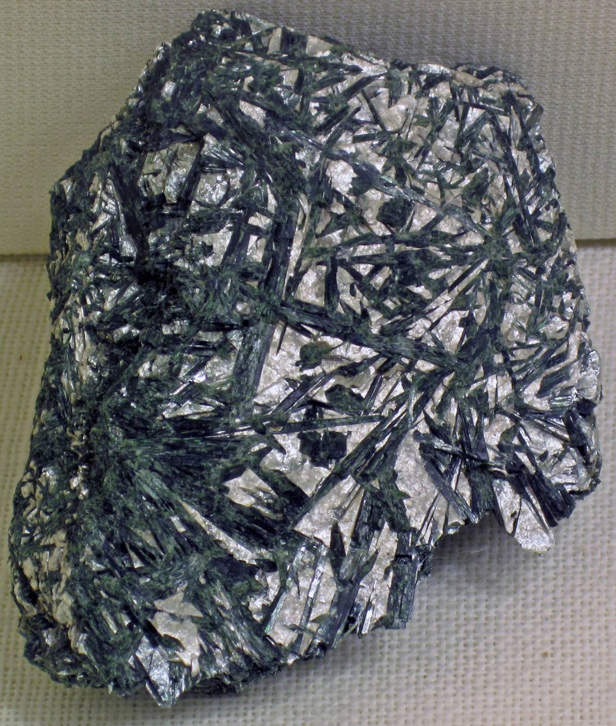 Blackish-green actinolite blades in white talc, Hanging Rock, North Carolina