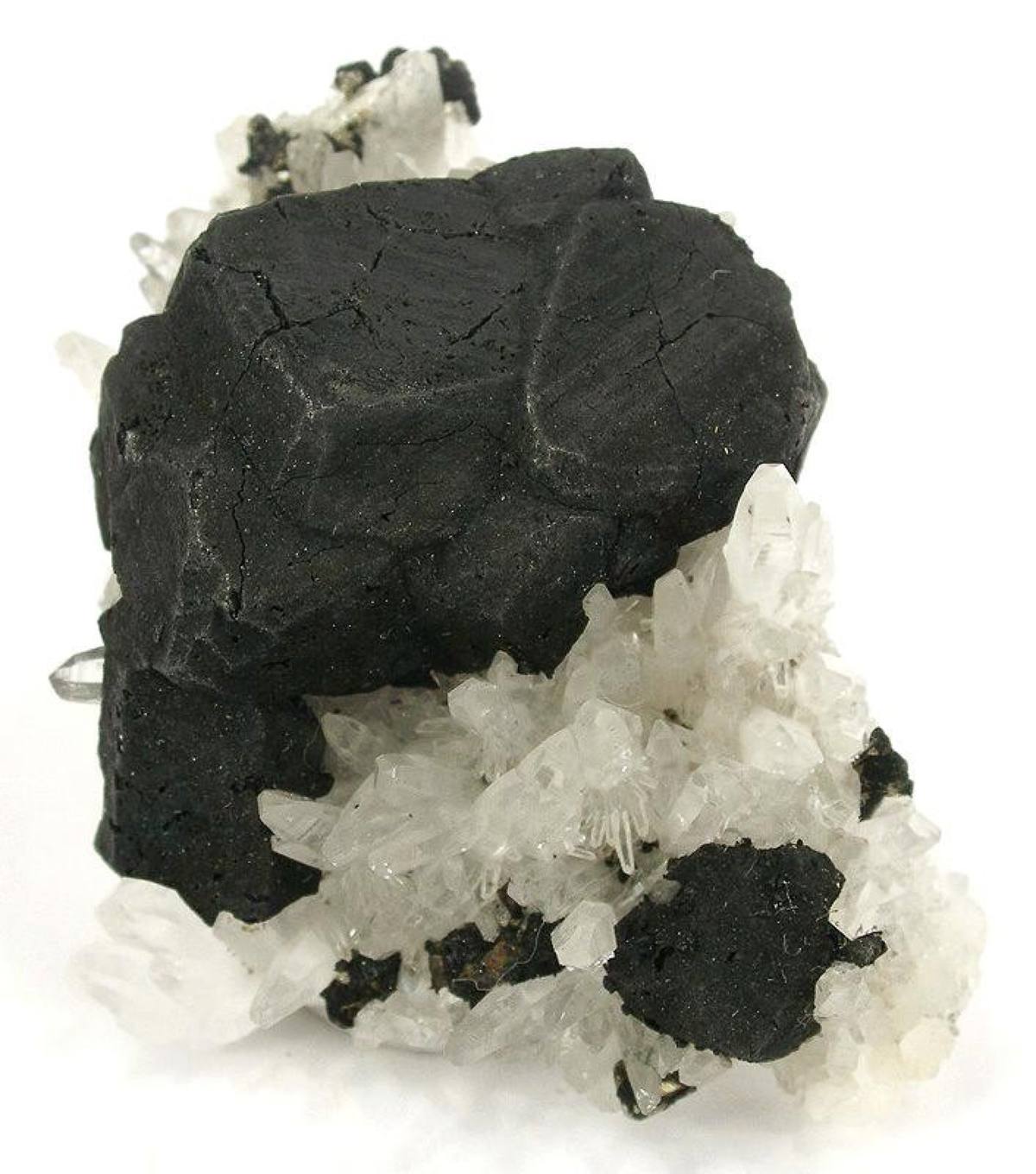 Blocky bornite crystal on quartz, Leonard Mine, Butte, Montana