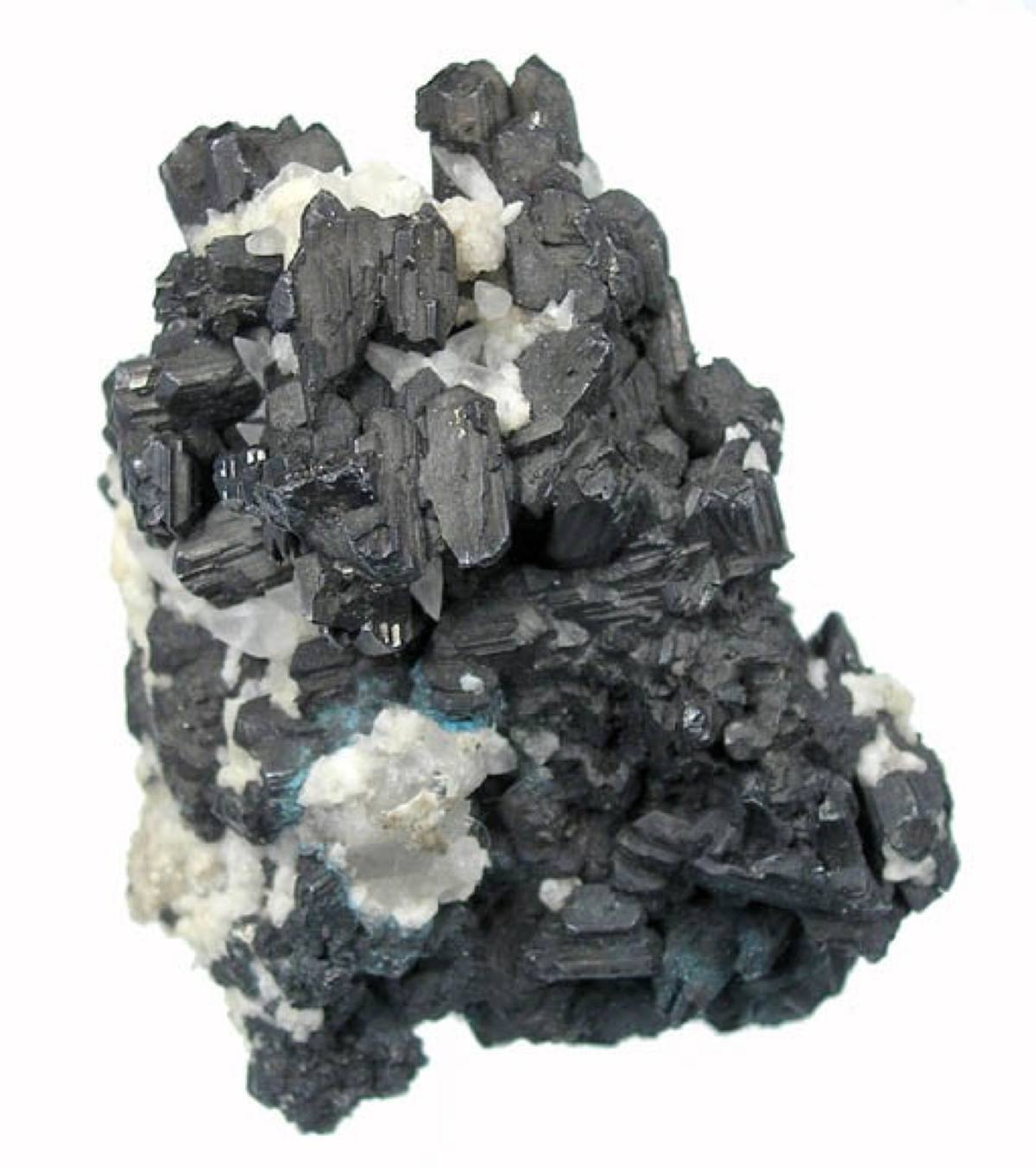 Lead-grey striated chalcocite crystals with calcite, Bristol, Connecticut
