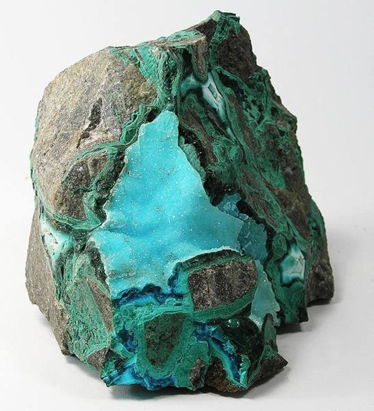 Chrysocolla veining with green malachite, Inspiration Mine, Arizona