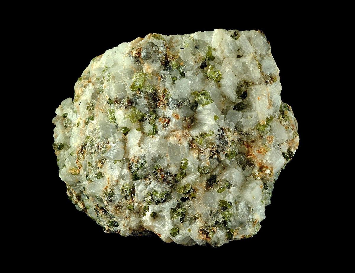 Granular green diopside in white calcite marble, Franklin, New Jersey