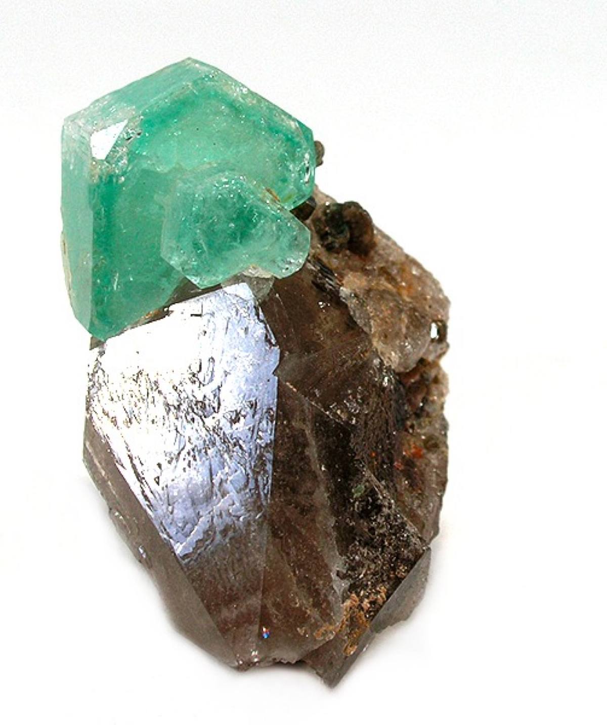 Emerald crystals on smoky quartz, Hiddenite, North Carolina