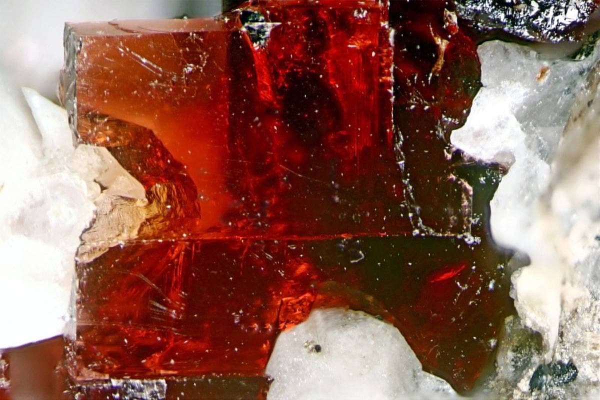 Deep red villiaumite crystal, Mont Saint-Hilaire, Quebec