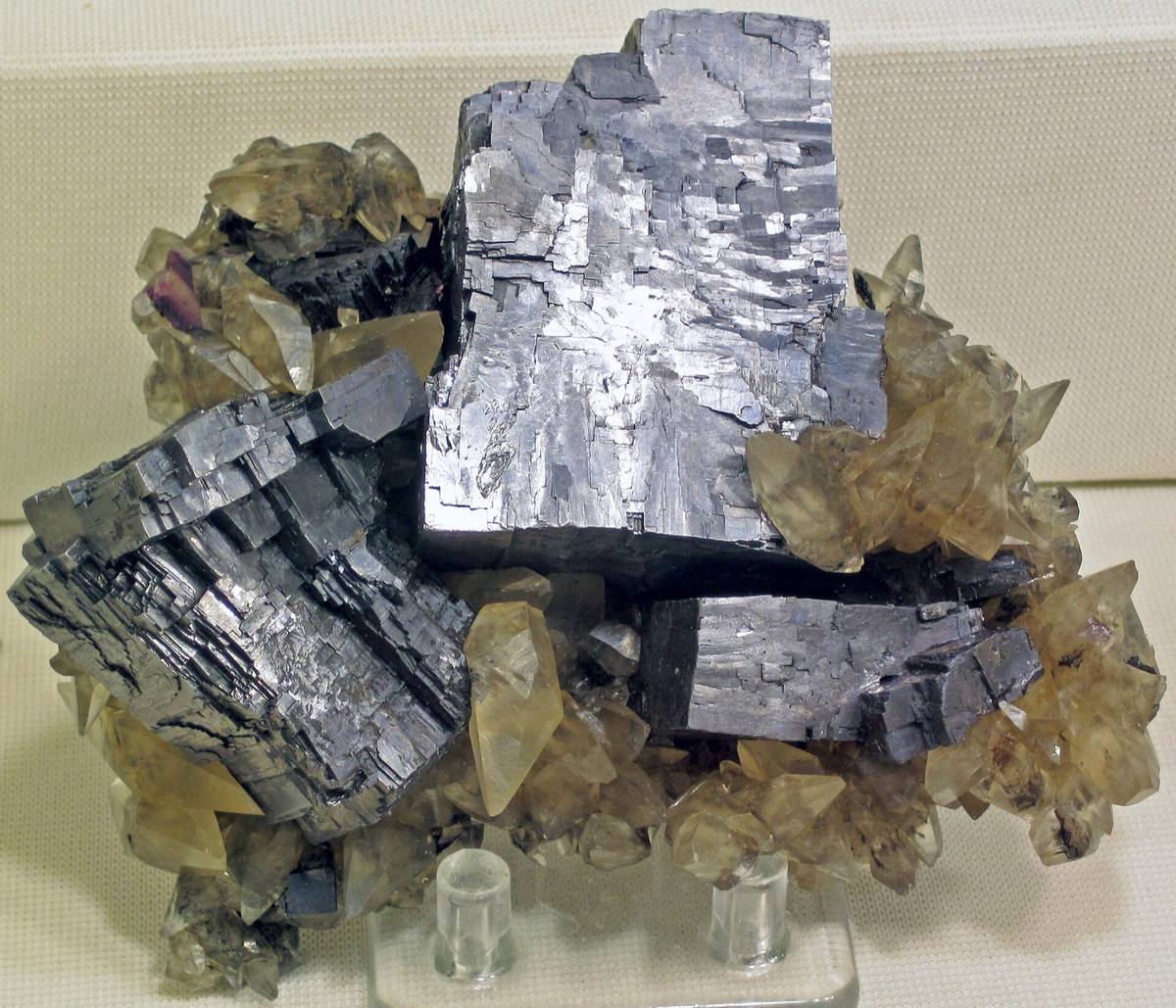 Stepped galena crystals with yellow calcite, Hardin County, Illinois