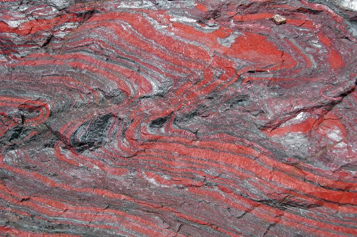 Jaspilite: red jasper banded with hematite, Jasper Knob, Michigan
