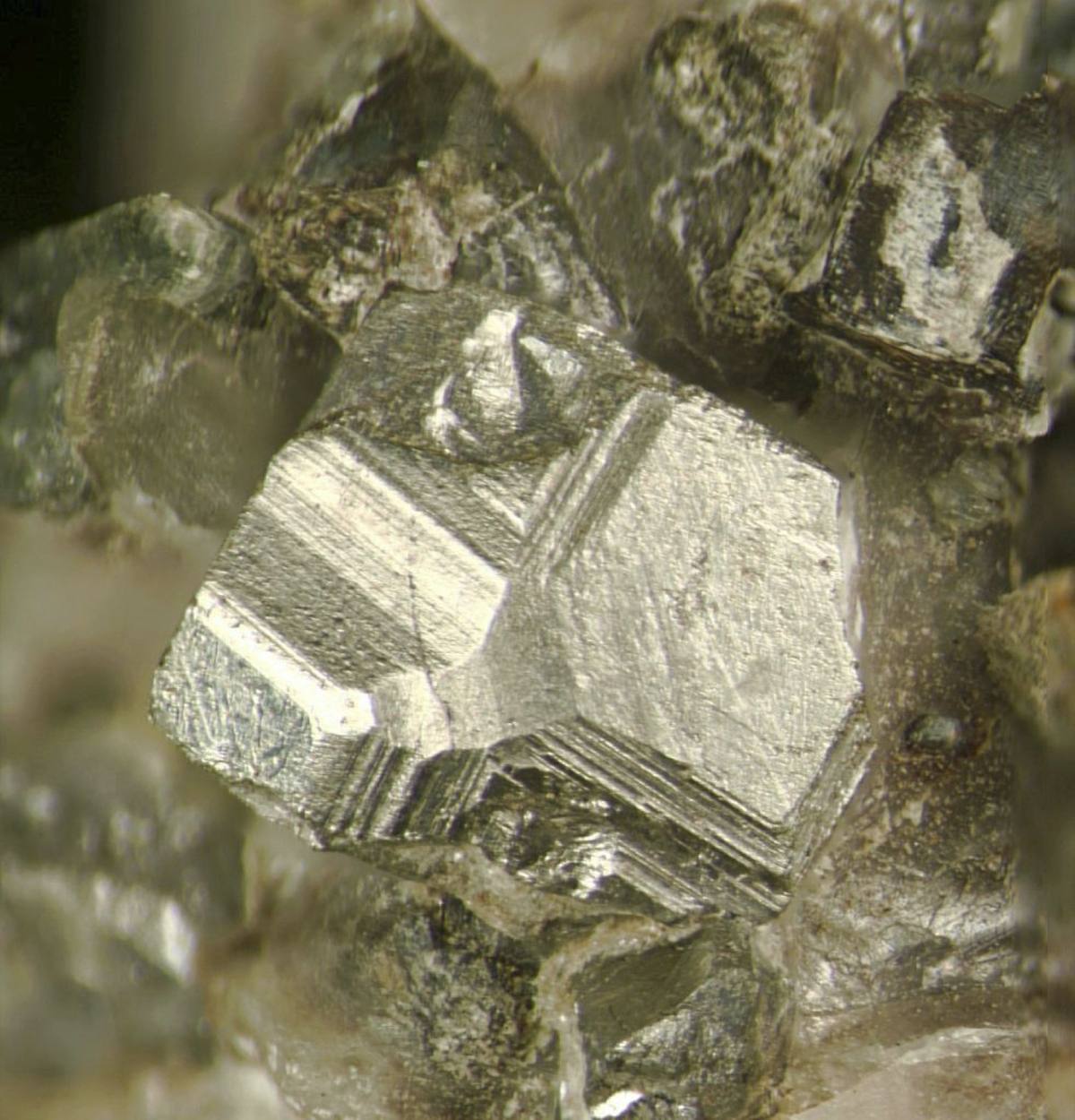 Silver-white löllingite crystal in calcite, Franklin Mine, New Jersey