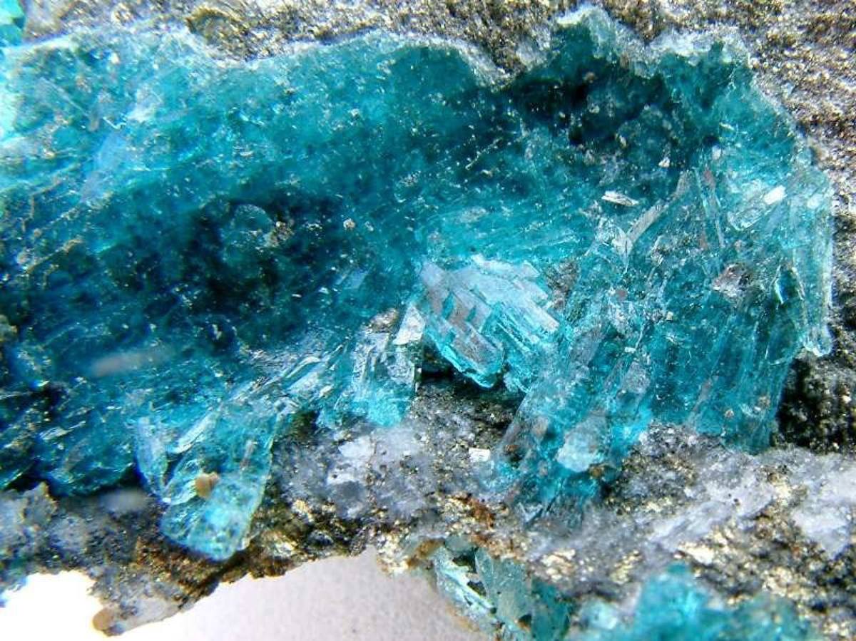 Blue-green cuprian melanterite (pisanite) crust, Parys Mountain, Wales