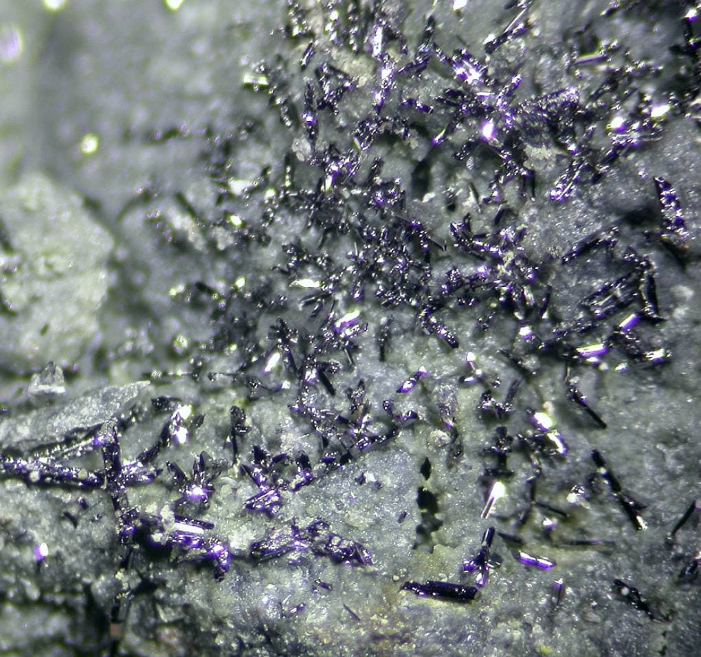 Native selenium as acicular grey-violet crystals on matrix