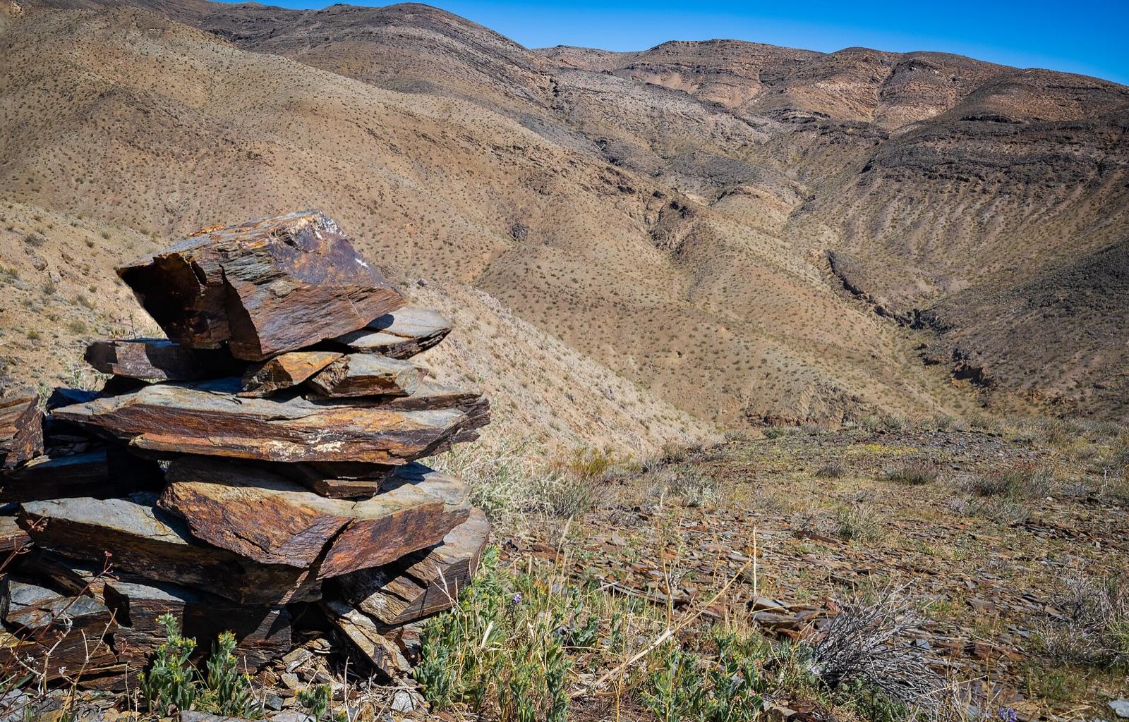 El Paso Mountains Wilderness desert landscape with rock cairn at El Paso Mountains, Kern County, California
