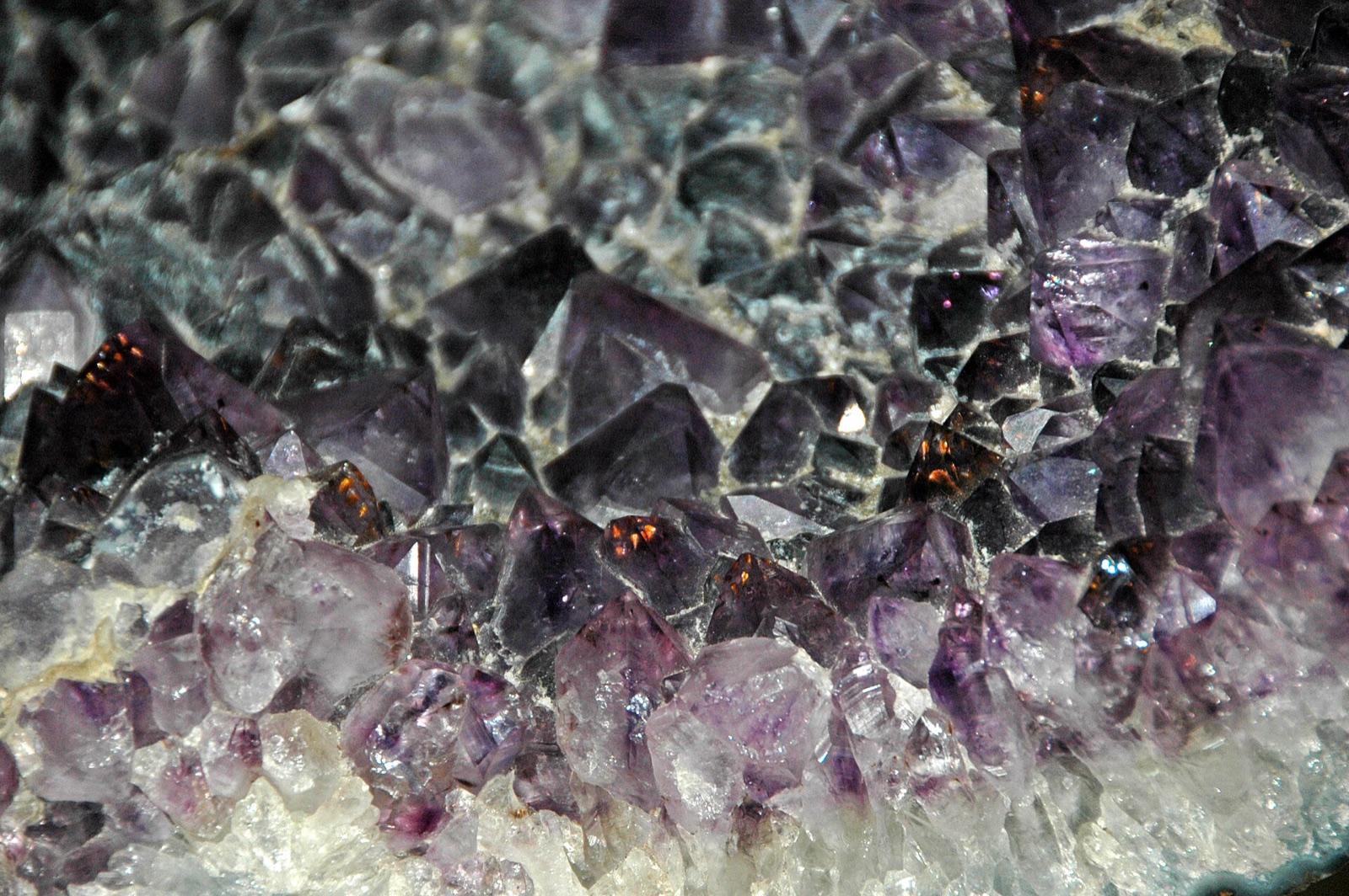 Amethyst crystals lining a basalt geode, like those weathering from the Wolf Creek Pass basalts