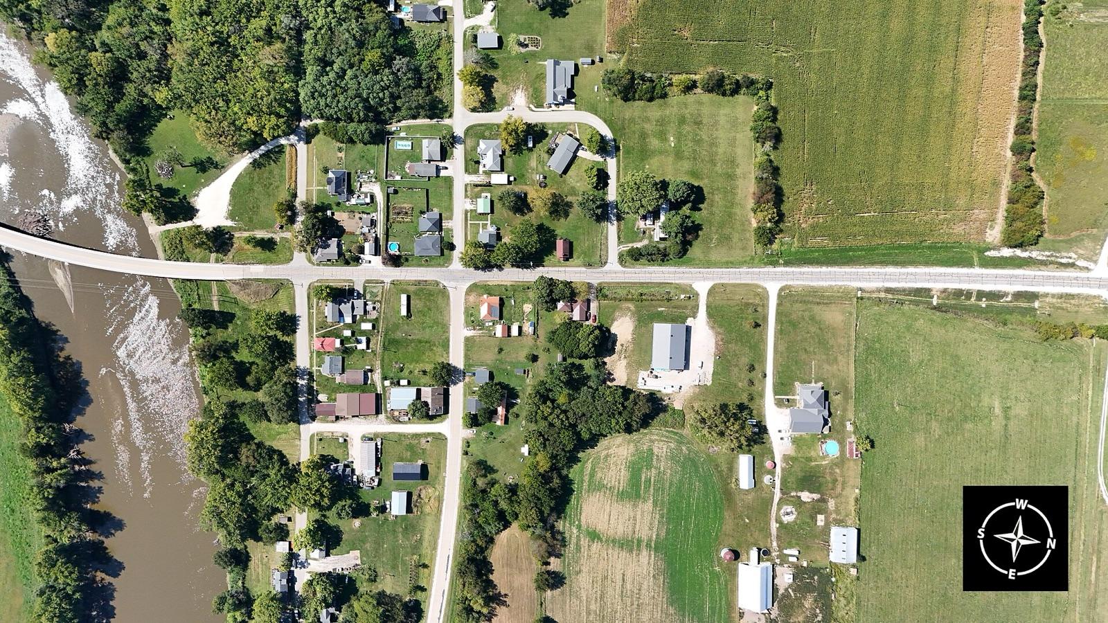 Aerial view of Lowell, Iowa, on the Skunk River in the Keokuk geode district