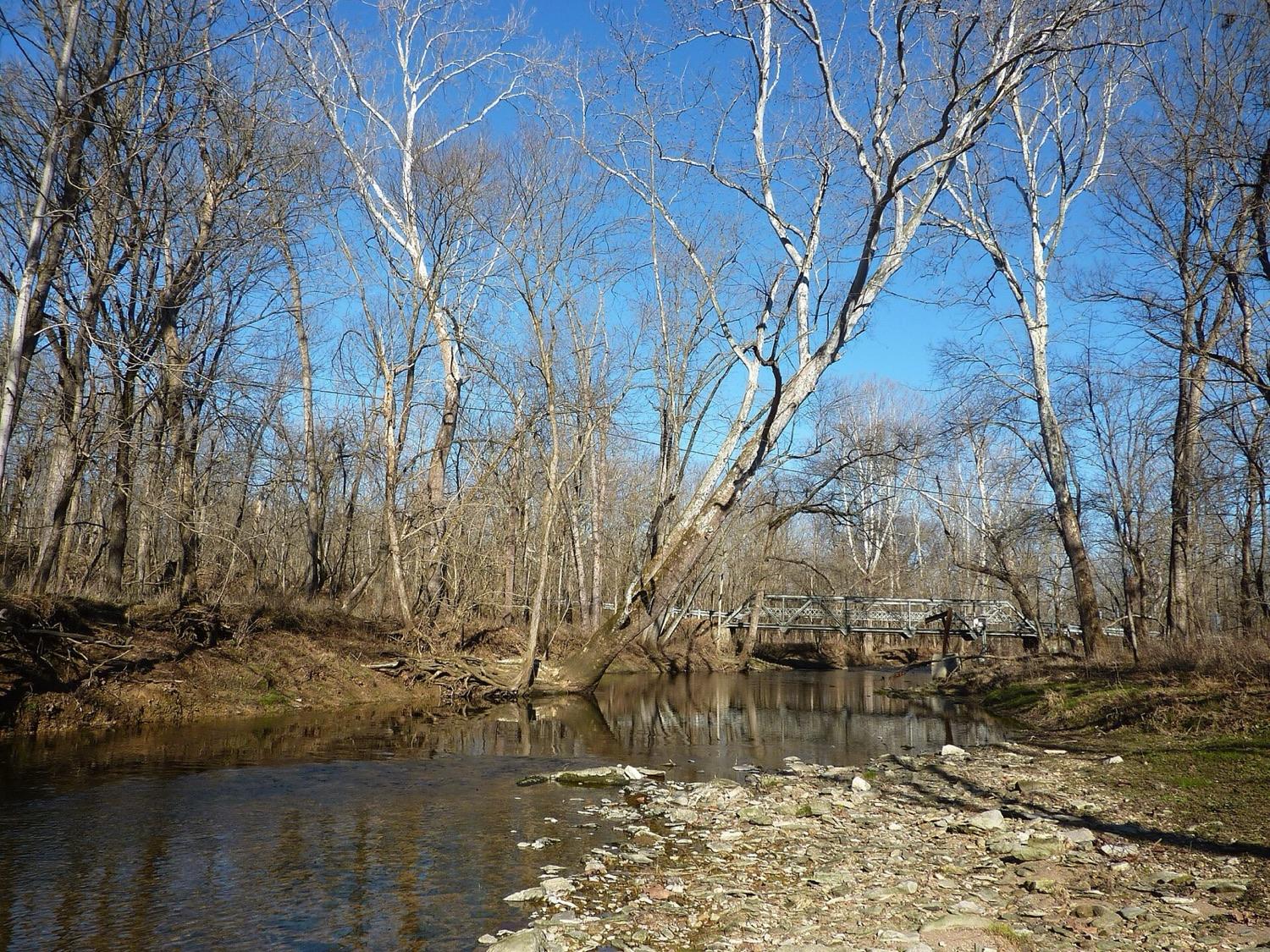 A rocky gravel bar on Clear Creek near Harrodsburg, Monroe County, Indiana, where geodes weather from the limestone.