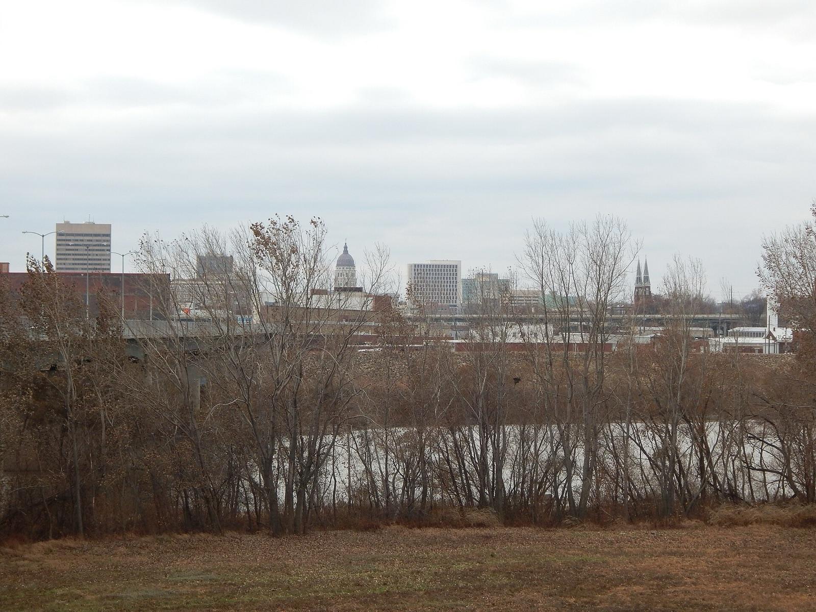 The Kansas River below the Topeka skyline and State Capitol dome, Shawnee County, Kansas