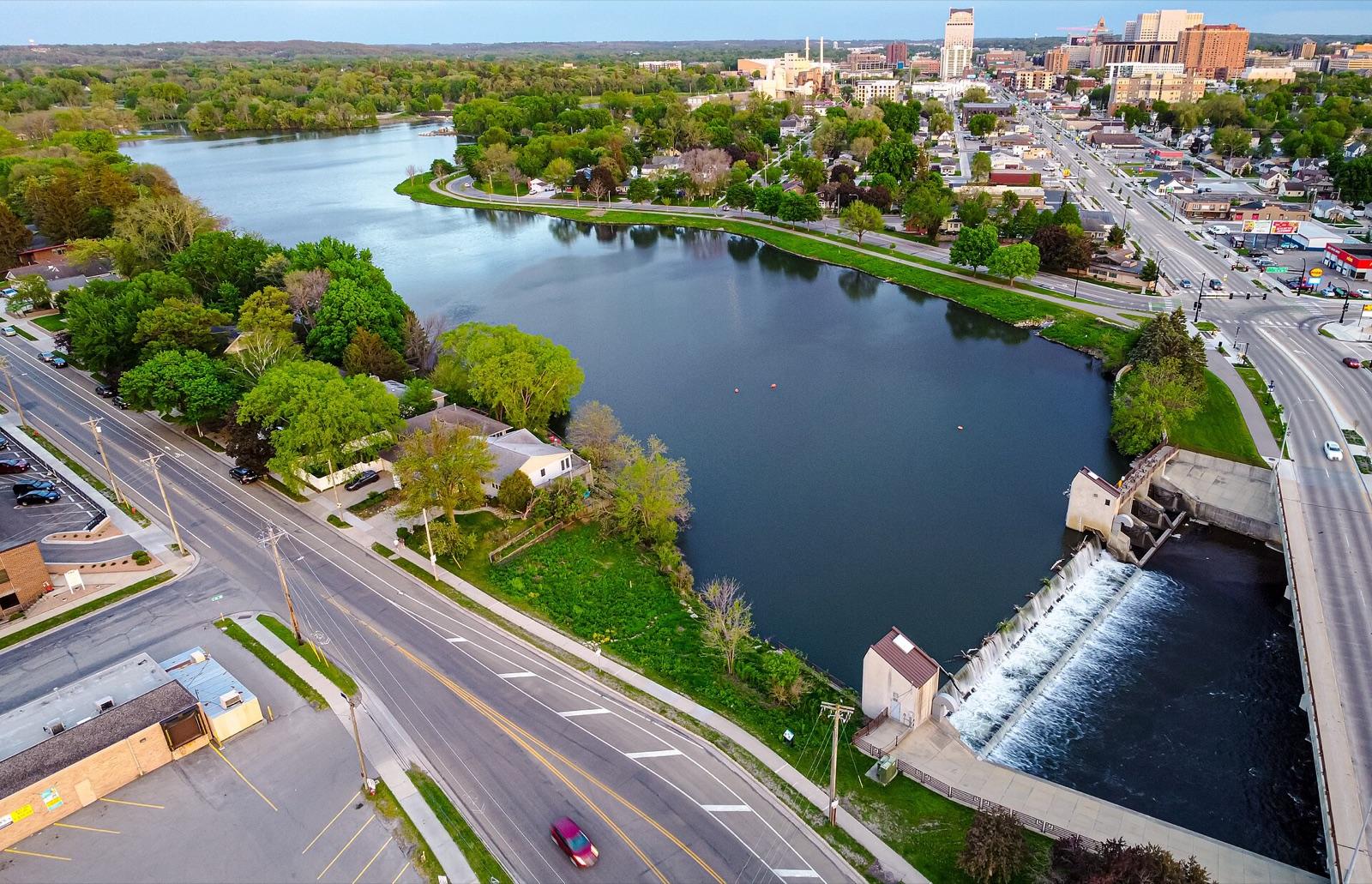 Silver Lake and its dam on the South Fork Zumbro River at Rochester, Olmsted County, Minnesota