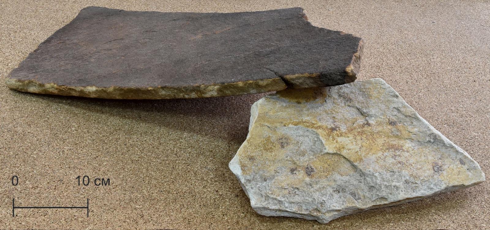 Two slabs of itacolumite (flexible sandstone), a representative specimen of the rock found at Linville Mountain, Burke County, North Carolina