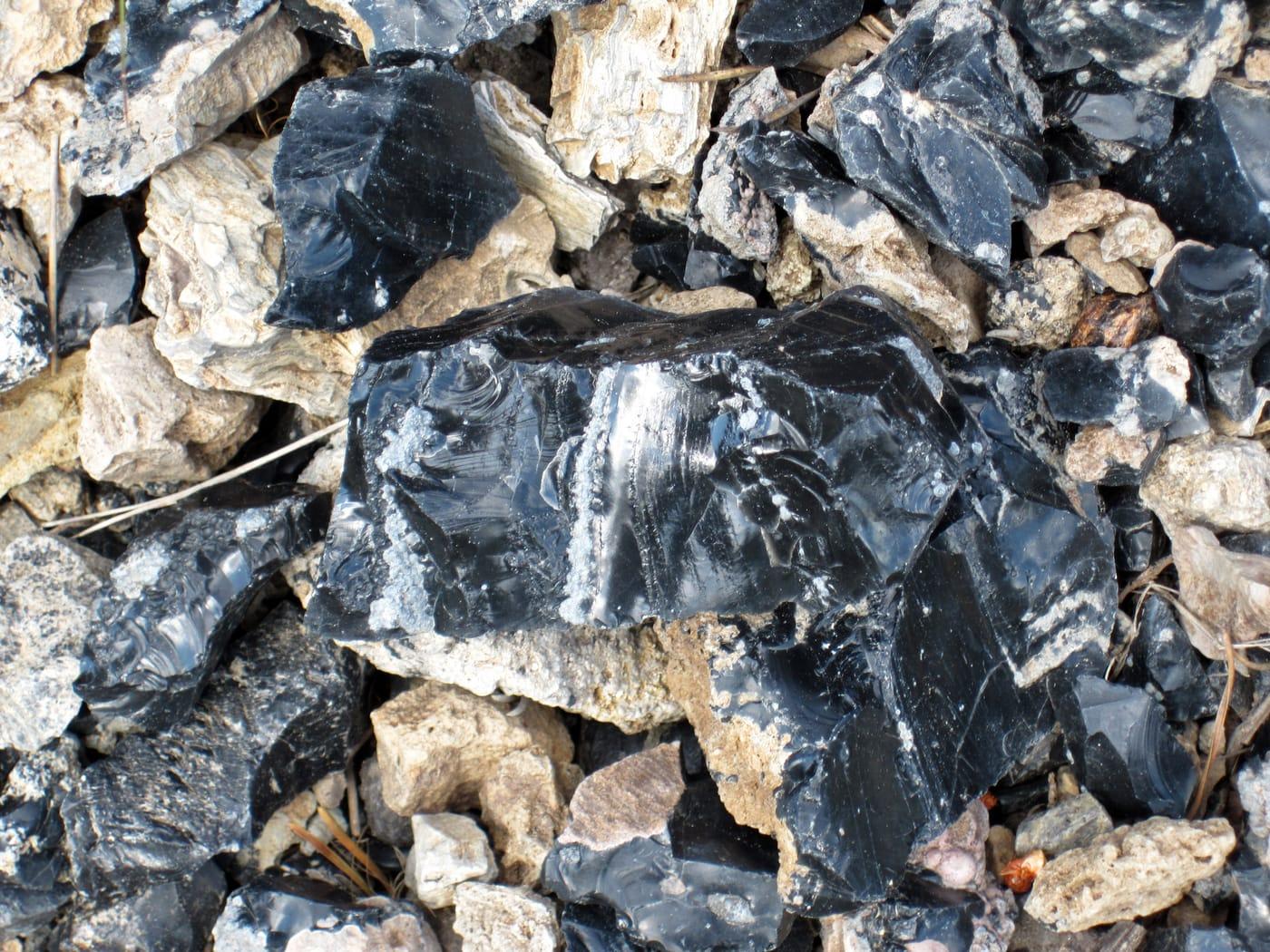 Obsidian & devitrified obsidian gravel (Obsidian Cliff, Yellowstone,  Wyoming, USA) 4 at Jemez National Recreation Area, Sandoval County, New Mexico