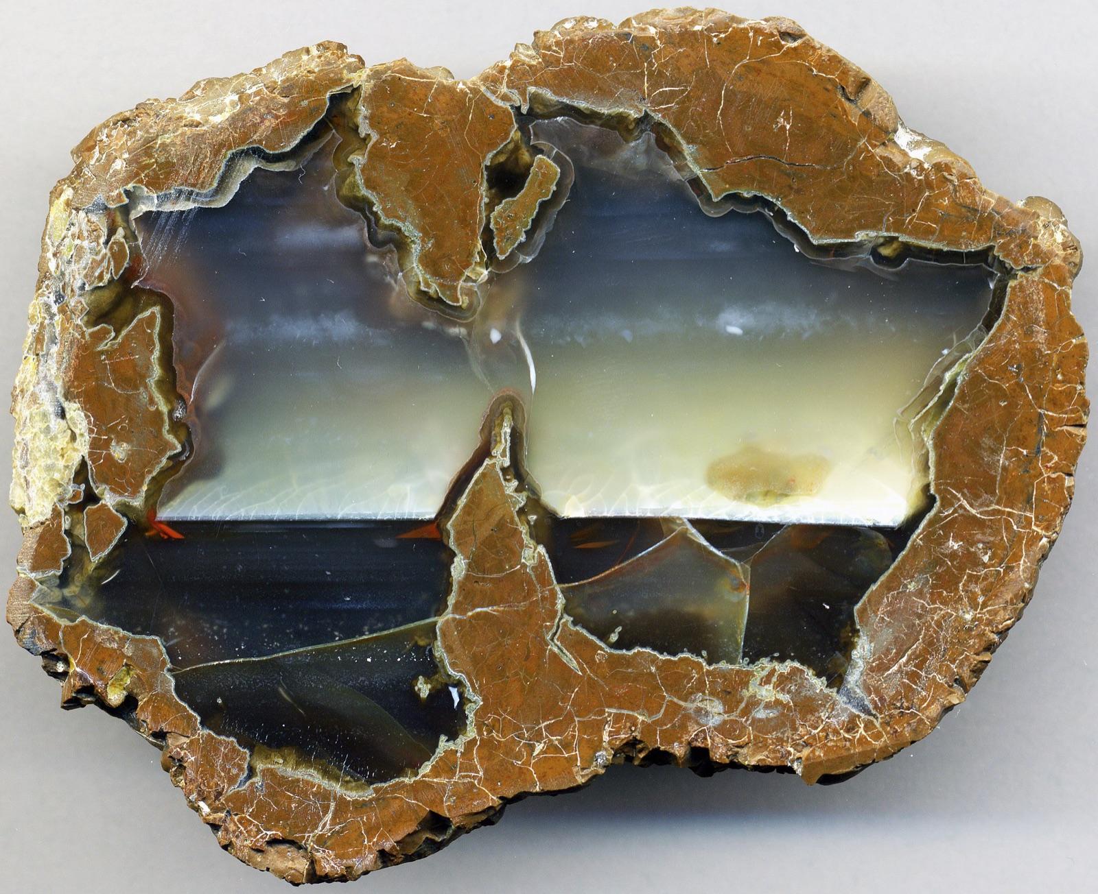 Cut thunderegg with an agate-filled center and rhyolite rind from near Madras at Whistler Spring, Crook County, Oregon