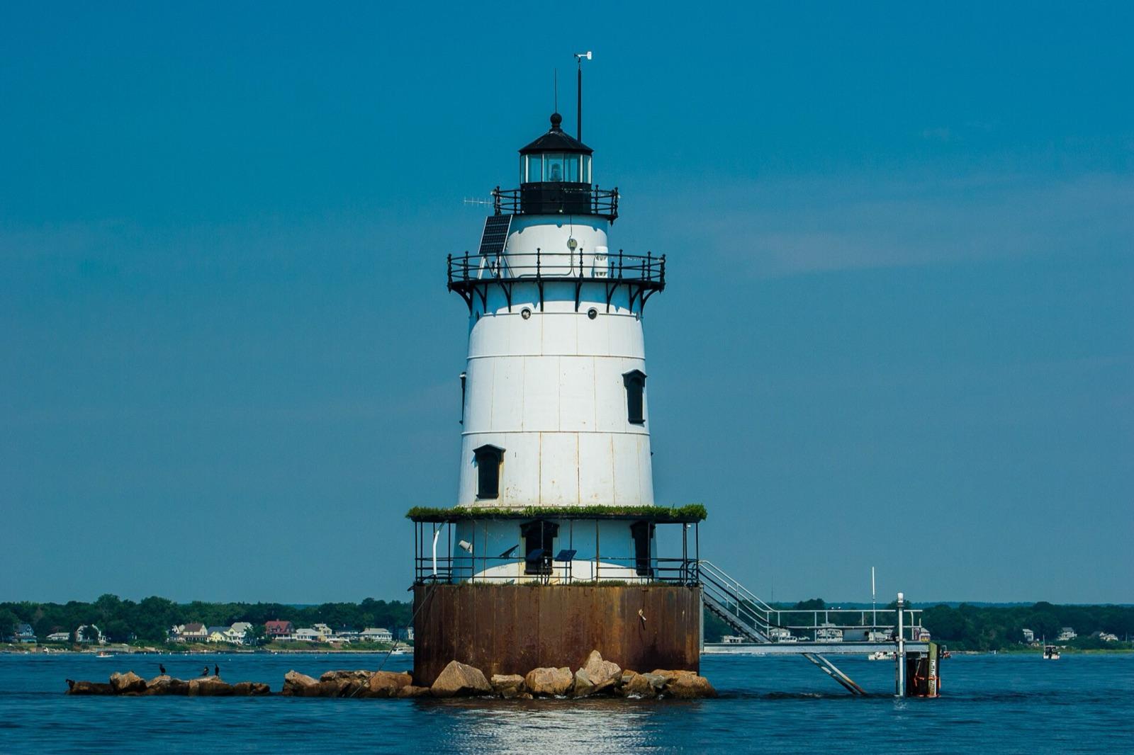 Conimicut Lighthouse off Conimicut Point in Warwick, Rhode Island, on Narragansett Bay near the public shore where carnelian pebbles occur.