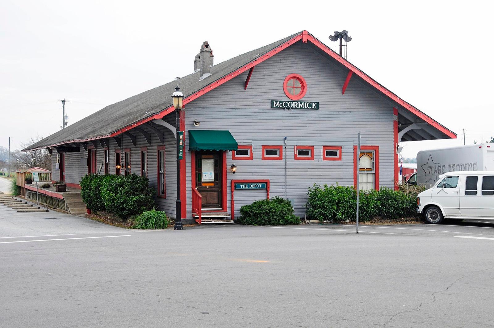 The historic railroad depot in the town of McCormick, McCormick County, South Carolina, near the Dorn gold mine and Sumter National Forest