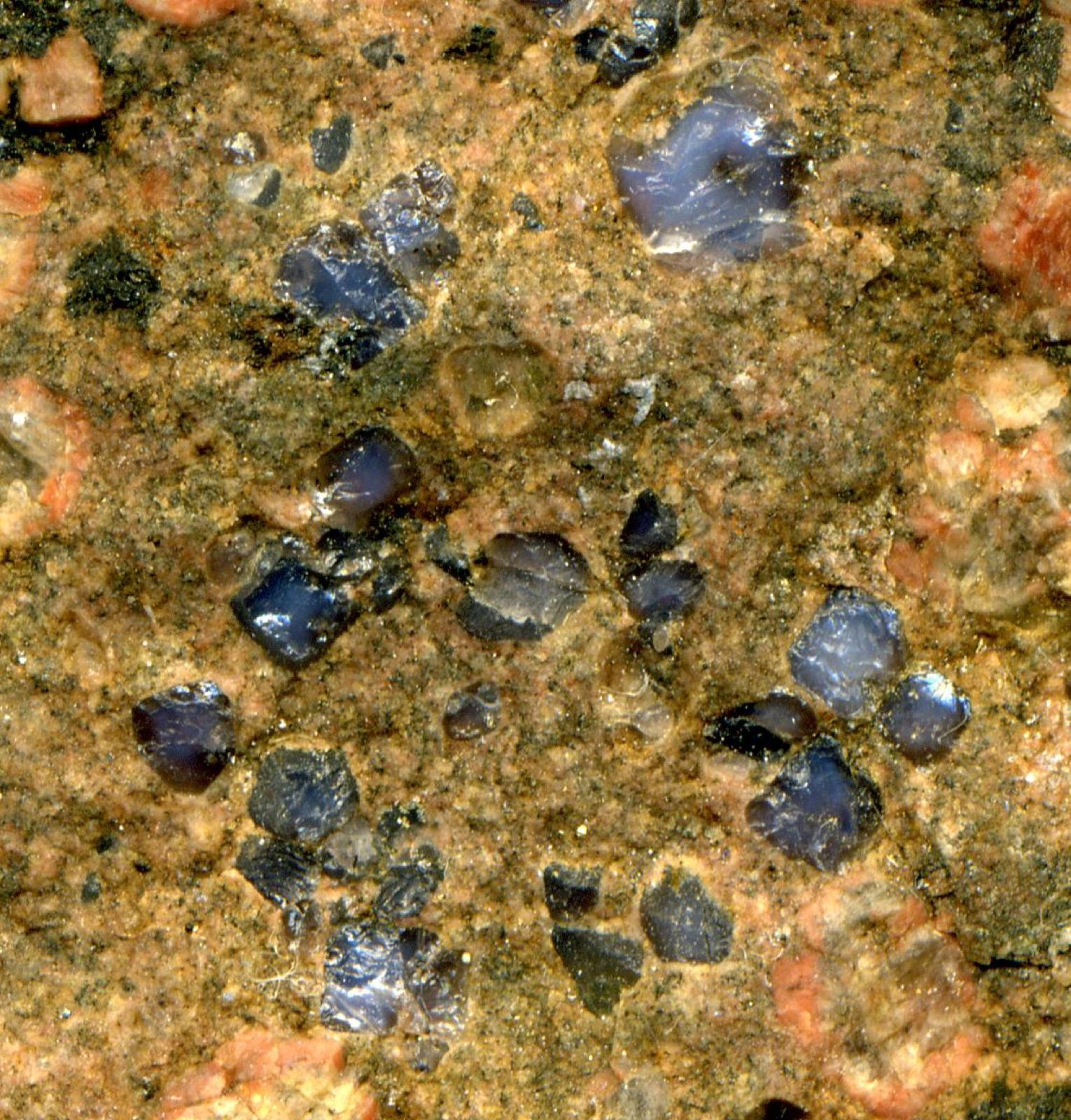 Llanite from the Highway 16 roadcut north of Llano, showing blue quartz crystals in pink feldspar