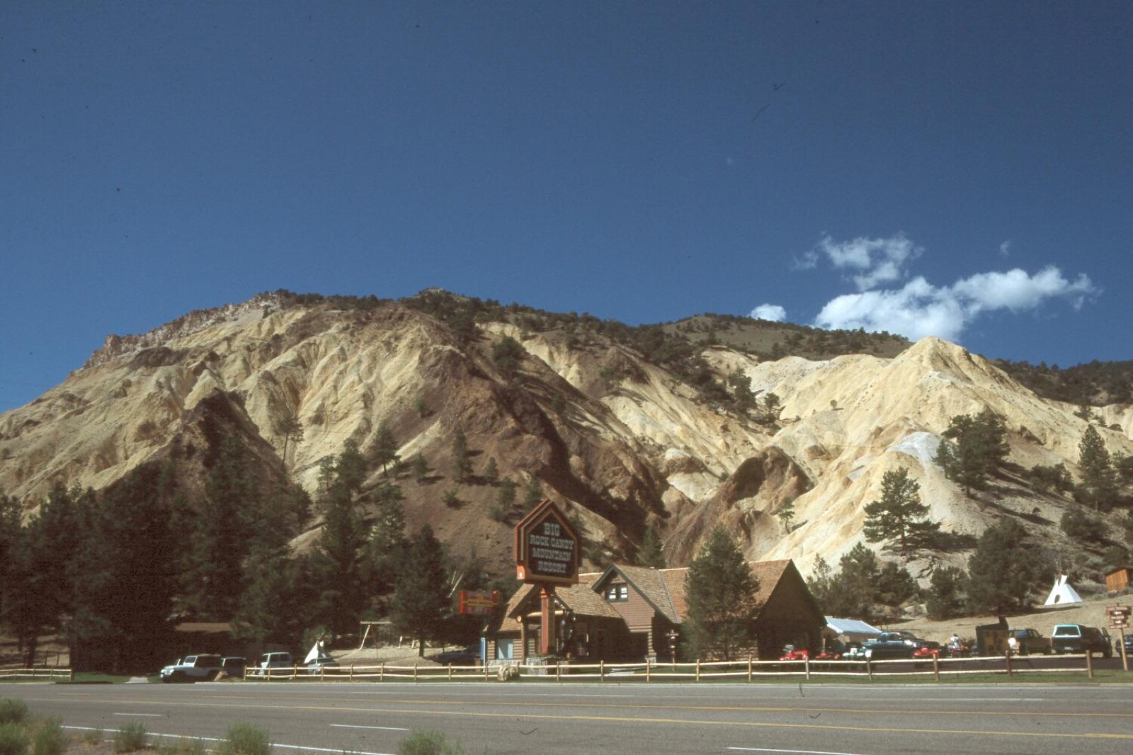 Big Rock Candy Mountain, hydrothermally altered volcanic rock along Route 89, at Marysville, Piute County, Utah