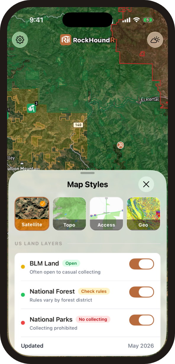 RockHoundR land access overlay showing public and federal land