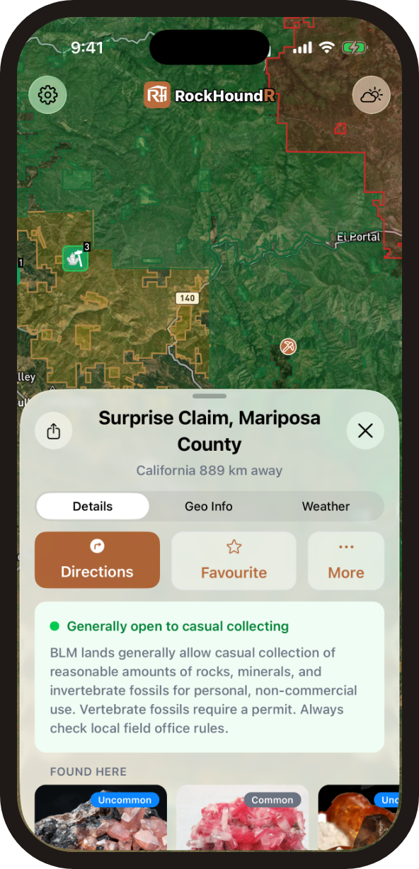 RockHoundR spot detail screen with geology and weather information
