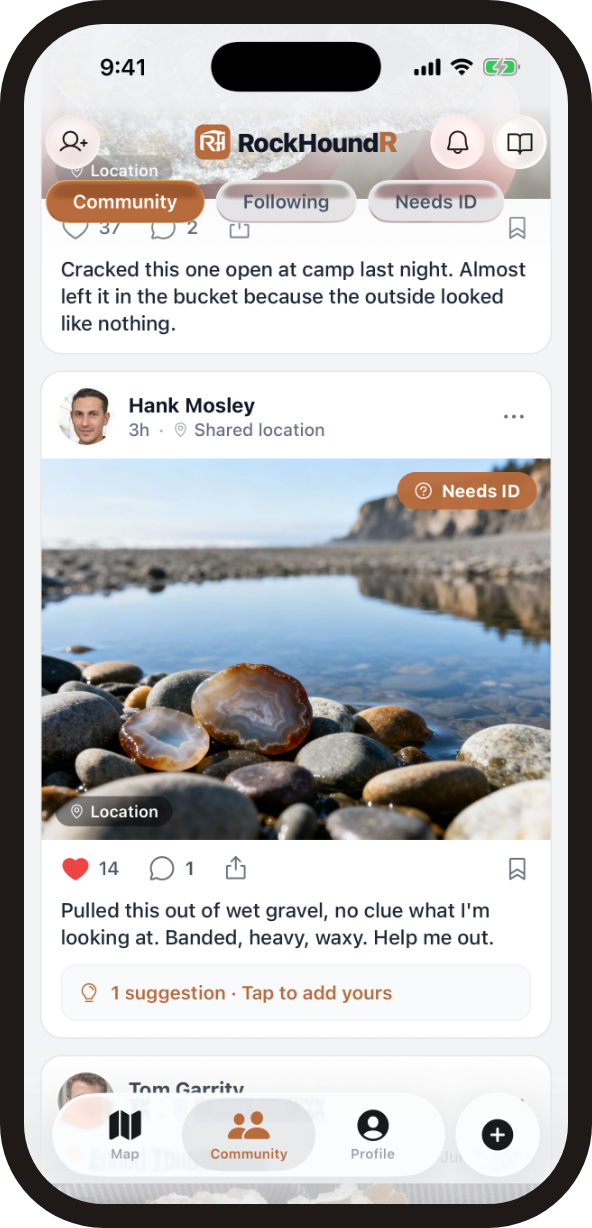 RockHoundR community feed with a shared find and a community ID request